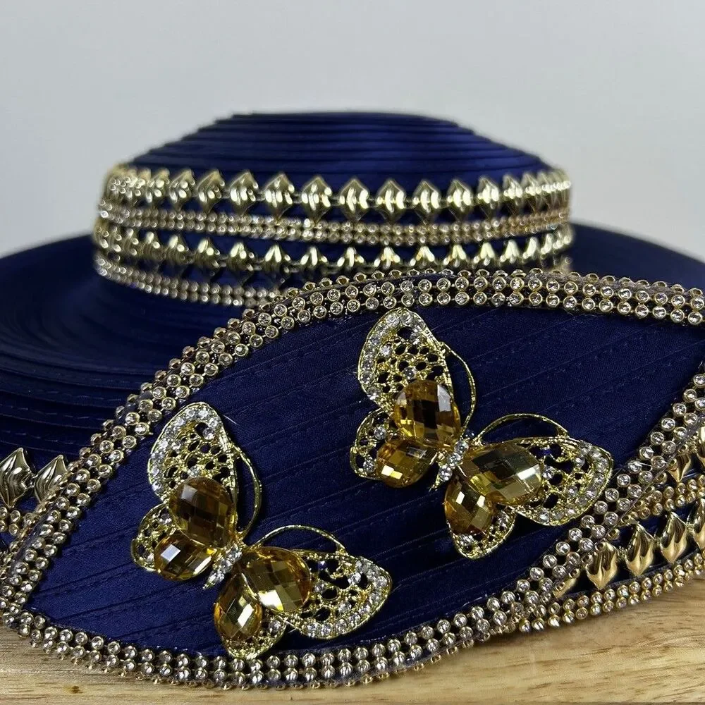 Lisa Rene Black Label Church Hat Navy Blue Wide Brim Rhinestone Butterfly Dressy